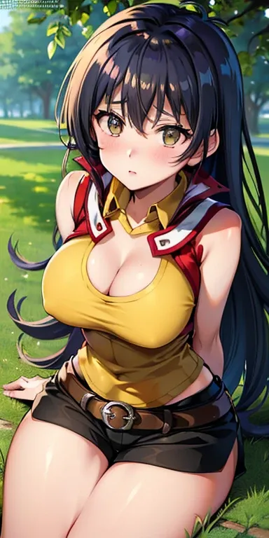 masterpiece, best quality, ultra-detailed, illustration,masterpiece, Best quality, high resolution, high resolution, masterpiece, best quality, highres, hmrei, long hair, red jacket, collared shirt, ((yellow shirt)), sleeveless, belt, black shorts, big bre...