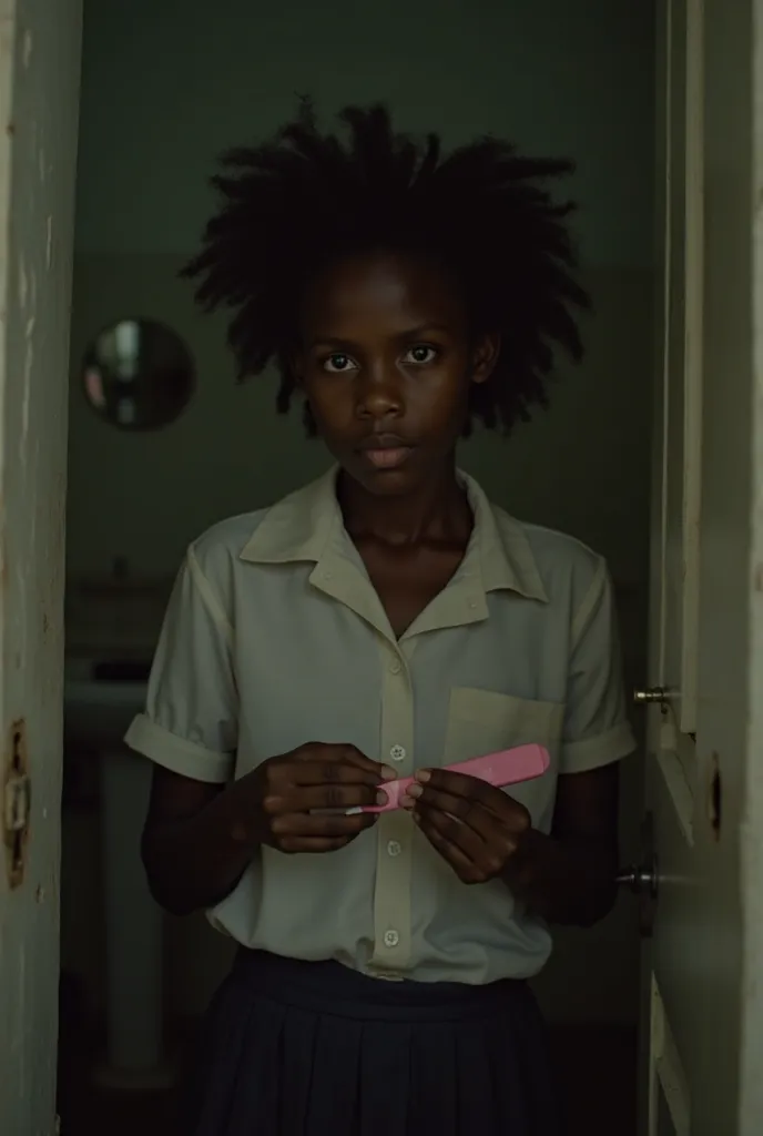 A young African age girl like age 17 .Ama, stands in a small, dimly lit bathroom, holding a pregnancy test with a shocked expression. Her short curly hair is slightly messy, and she wears a simple school uniform. The background shows a small mirror and a w...