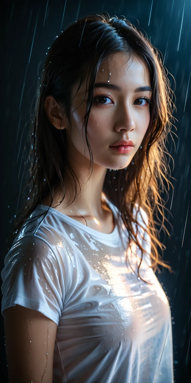 sensual portrait, young asian woman, rain-soaked white t-shirt, revealing figure, wet hair, seductive gaze, soft lighting, dark background, cinematic lighting, 8k resolution, hyperrealistic