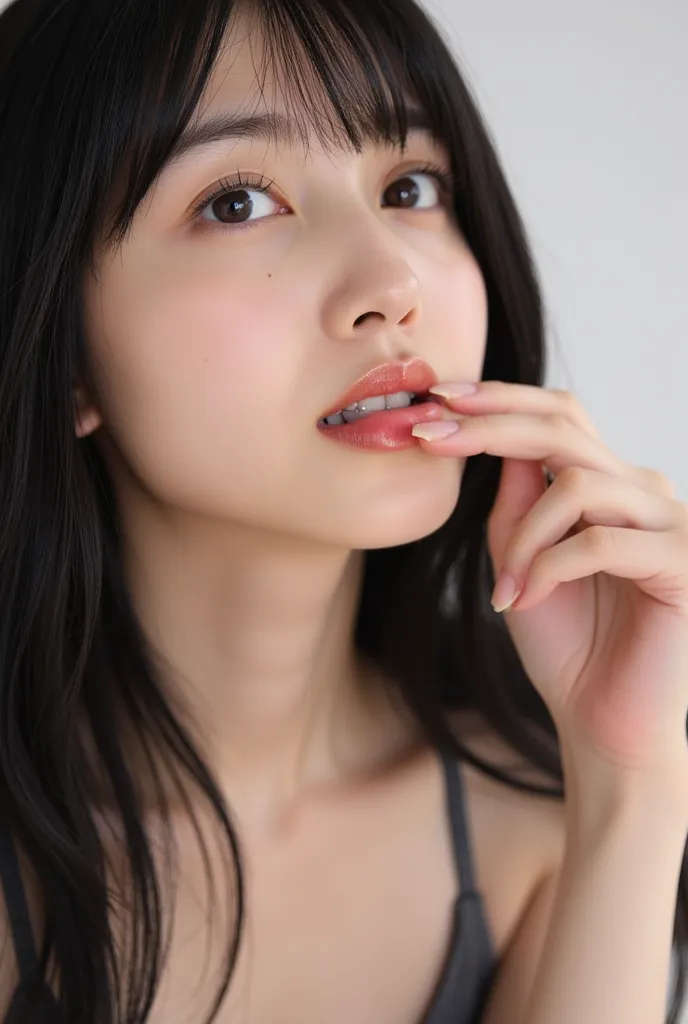 High Resolution, masterpiece, anatomically correct, accurate, Details, Ultra High Definition, textured skin,  black hair, long hair, very cute Japanese women、Woman Sucking Penis、I happily suck my penis、 open your mouth and suck your penis、 happy/joy, simpl...