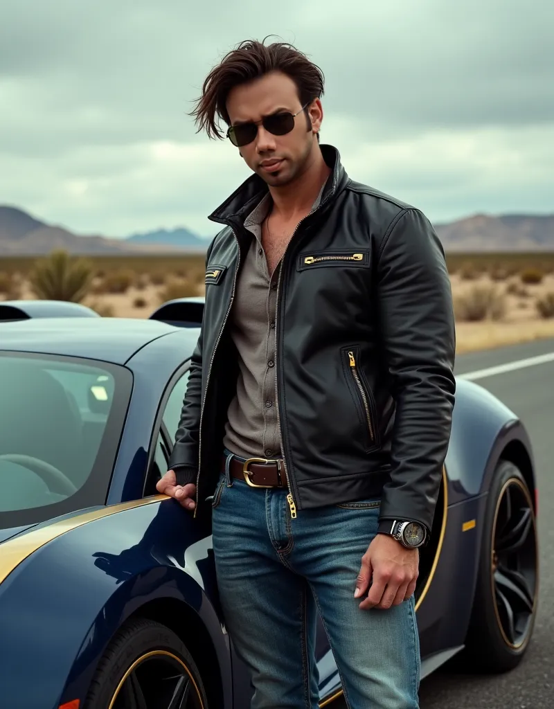 A charming medium built  handsome man with piercing brown eyes with a handsome face leans against a Bugatti Veyron, his muscular frame clad in a leather jacket and faded jeans wearing aviator sun glasses. His dark, windswept hair and a hint of stubble add ...