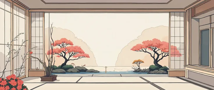 illustration in soft colors predominating , minimalism of a Japanese style living room with window to see the minimalist Japanese garden with bonsai trees, the stage evokes energy and elegance