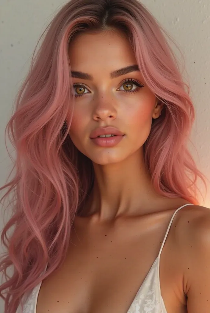 Create a realistic image of a young Brazilian woman with striking features. She has a curvaceous and harmonious body, with a natural and attractive appearance. His hair is long, silky and in the color pink,  that falls softly over her shoulders . Her eyes ...