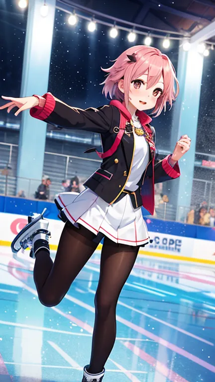 rice shower,alone,beautiful, cute, innocent,(medalist),official art),(inori Yuitsuka),mini skirt,ice skating,Skating rink,Dark pantyhose