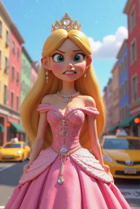 "An ultra-realistic 3D animation of a princess with an extremely angry expression. wearing a long and luxurious pink dress with shiny details. She has long blond hair perfectly groomed, intense green eyes and a gold tiara adorned with shiny jewels. his exp...