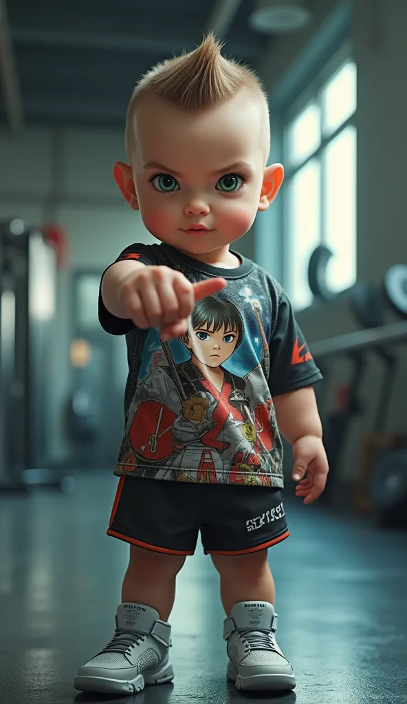 A hyper-realistic 4K digital image of a strong and confident Galician baby with one eye light green and the other blue, standing in a modern gym environment. The baby has a sharp, well-groomed haircut, enhancing their bold and stylish look. They wear a tre...