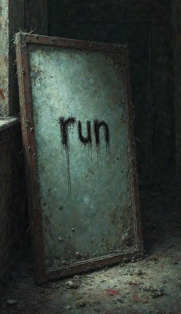 Creepy mirror message – A dusty mirror with the word "RUN" scratched onto it.