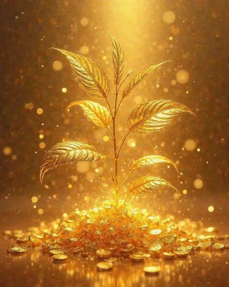 A plant made of pure gold, Devine lights spreading from the plant, golden coins overflowing, realistic high Quality sharpe Images 