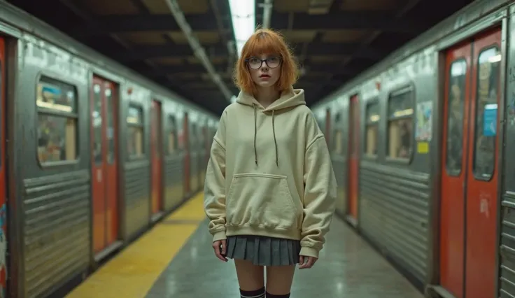 Photorealistic image of a young woman with light red hair, around 5'5" tall, styled straight, and wearing round metal-frame glasses, standing near train cars in a subway station. She's wearing a short grey pleated skirt, a cream-colored hoodie (slightly ov...