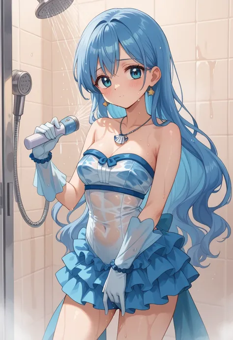 Hannon , blue long hair ,blue eyes,Wet and transparent blue mini dress, gloves, Bbo~,Off Shoulder,Shoulders, shell necklace, wrist jewelry ,Blue Ruffled Mini Skirt,Dusty-wet, transparent white leotard,masturbating while taking a shower,blush