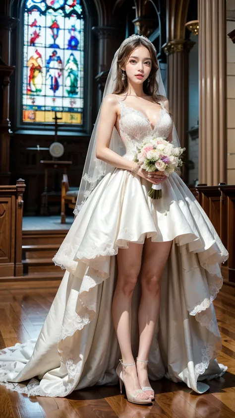 A beautiful young Japanese woman, 26 years old, with healthy thighs, beautiful legs, flawless skin, random hair color and style, large breasts, wearing a (wedding dress:1.3), (she is standing:1.2), full body shot, high heels, holding a bouquet in her hands...