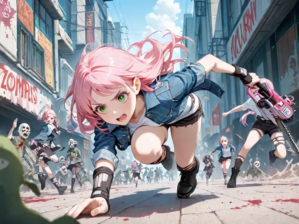 Smooth pink hair; green eyes; White shirt clothes; with a denim jacket; short black shorts; Ripped socks Braca; black boots; holding a bloody electric saw; running in a city full of zombies