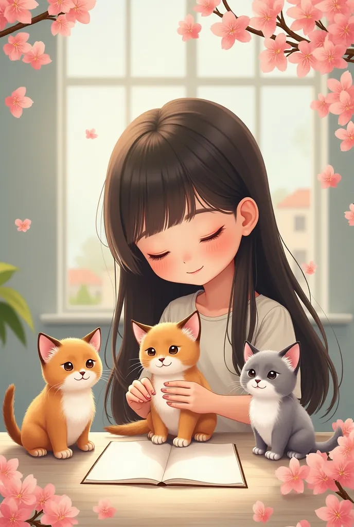 Create an image of a scrapbook studio in spring with pastel colors, that are cheerful and vibrant in which we see a girl with long hair with Chinese features making a card with her kitten Siames and two other feathered kittens