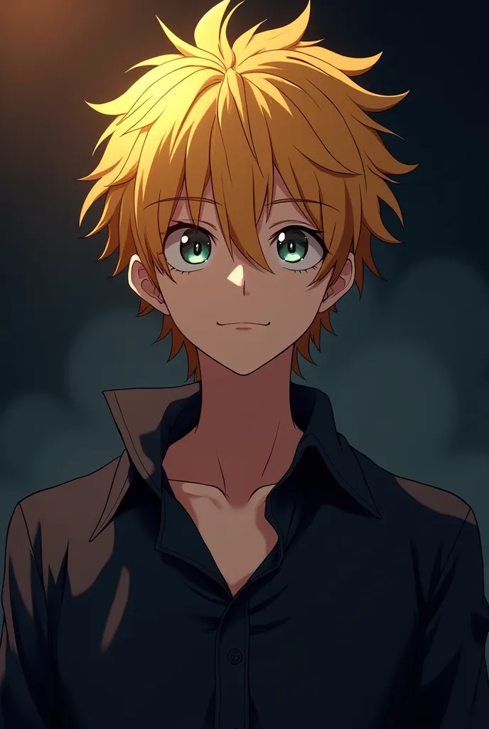 make a anime boy backround dark and hair is yellow eye is very good and smile is very beautiful 