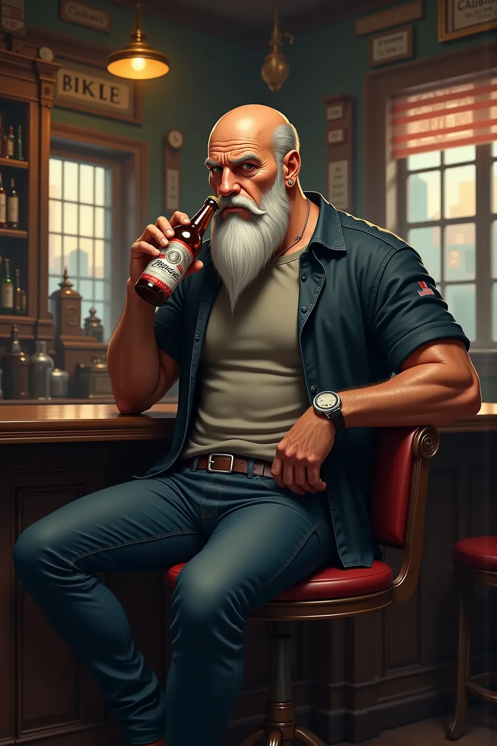 54 year-old badass man, complete bald, long white well-groomed beard, jeans and T-shirt, seat on a bar stool and drink a bottle Budweiser.