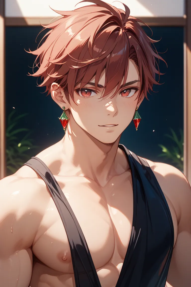 Reddish brown hair、handsome、male、 shoulder length hair 、half up、red eyes、sling、Green earrings、illustration for both eyes