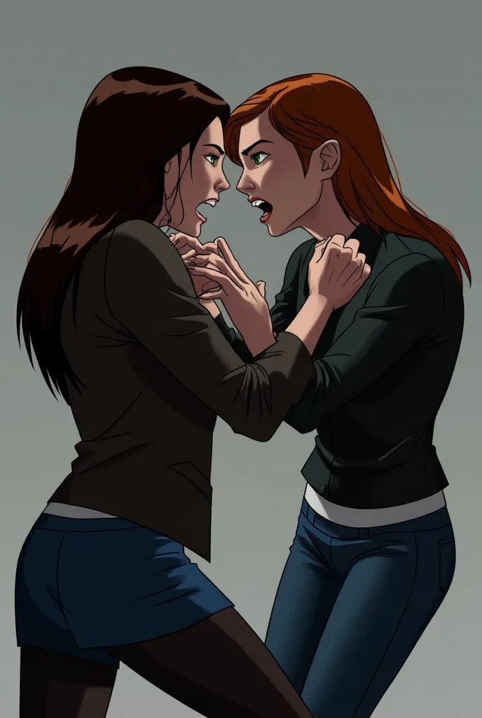  Gwen Tennysone and her doppelganger wrestling , angry, wearing their normal clothes