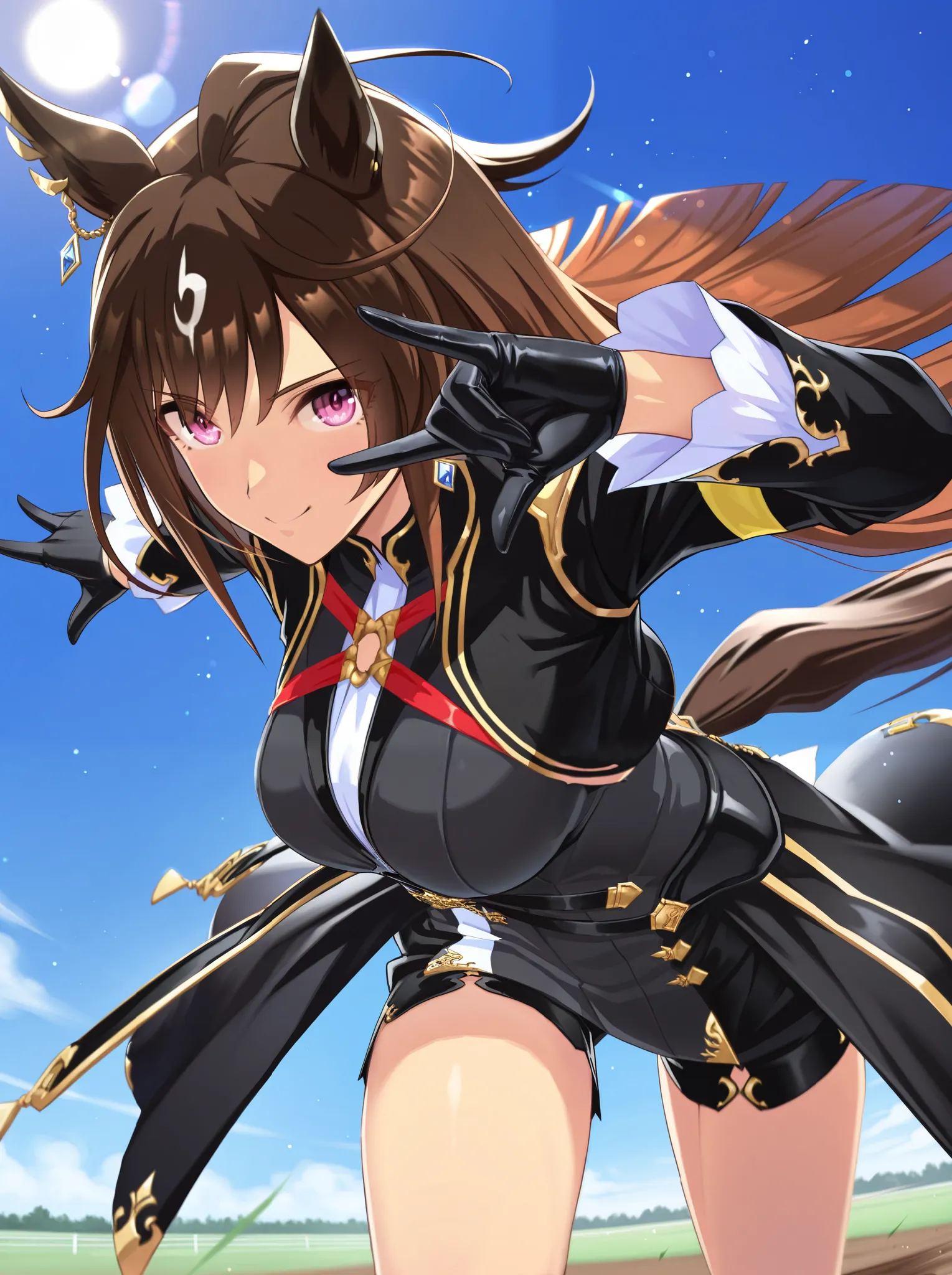 masterpiece, best quality, Absard Dress,
difficult \(Uma Musume\), 1 girl,  horse ears, running, black gloves, black jacket, long sleeve, closed my mouth, horse tail, earrings, black shorts, viewers, thighs, Kobushi, black cropped jacket, white black,  Dar...