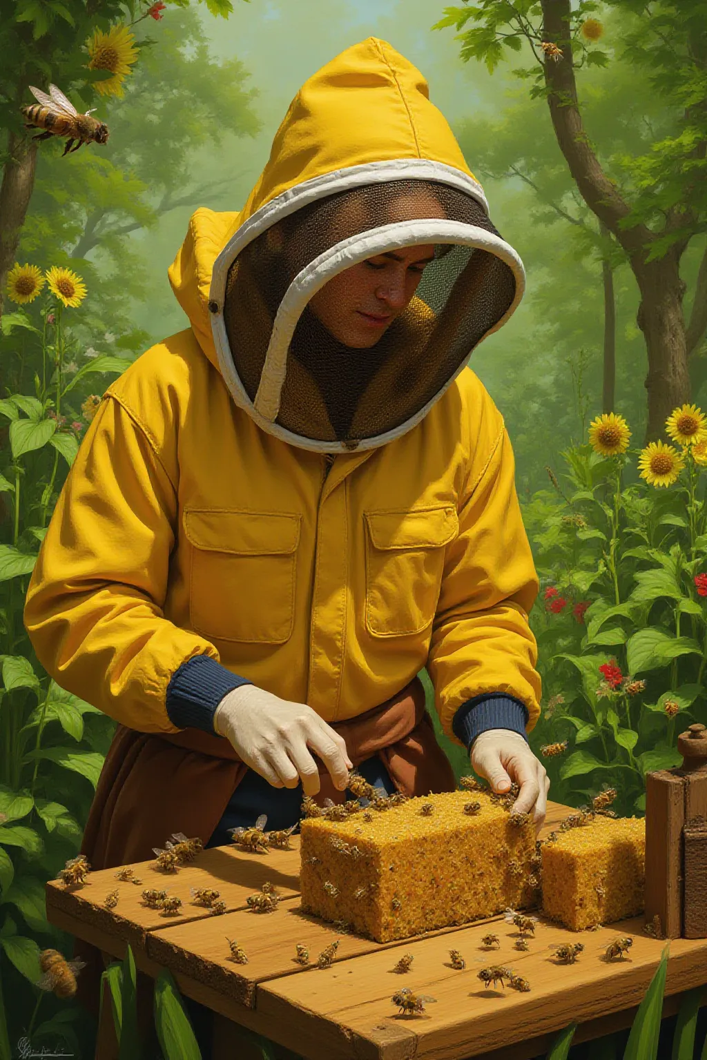 Super realism from Coisas from the Fantastic Four working as a beekeeper, With beekeeper clothes messing with bees