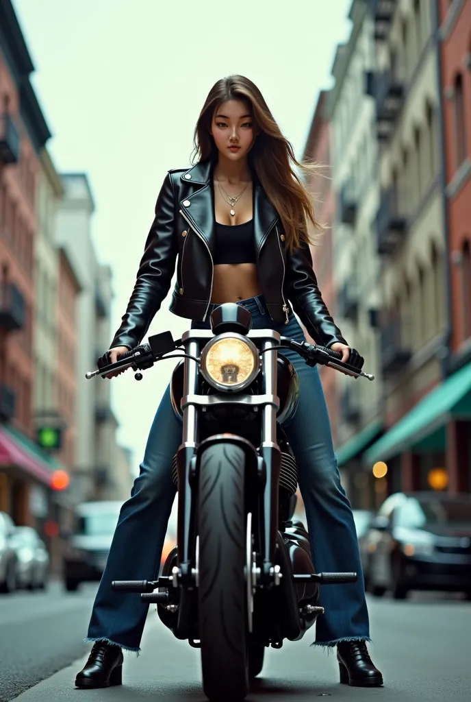 Cute woman wearing jacket and long jeans standing on the motor Harley-Davidson v-rod, inspired by Choi buk, reality style,The rear tire looks very,very wide and modern, cinematic photography, high detailed,movie trailer