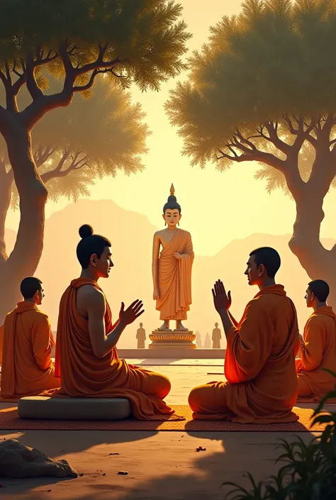 "Emperor Ashoka sitting in a peaceful Buddhist monastery, wearing simple saffron robes. A Buddhist monk blesses him as he renounces violence. The serene setting features large trees, a golden Buddha statue, and monks meditating. The atmosphere is calm, rep...