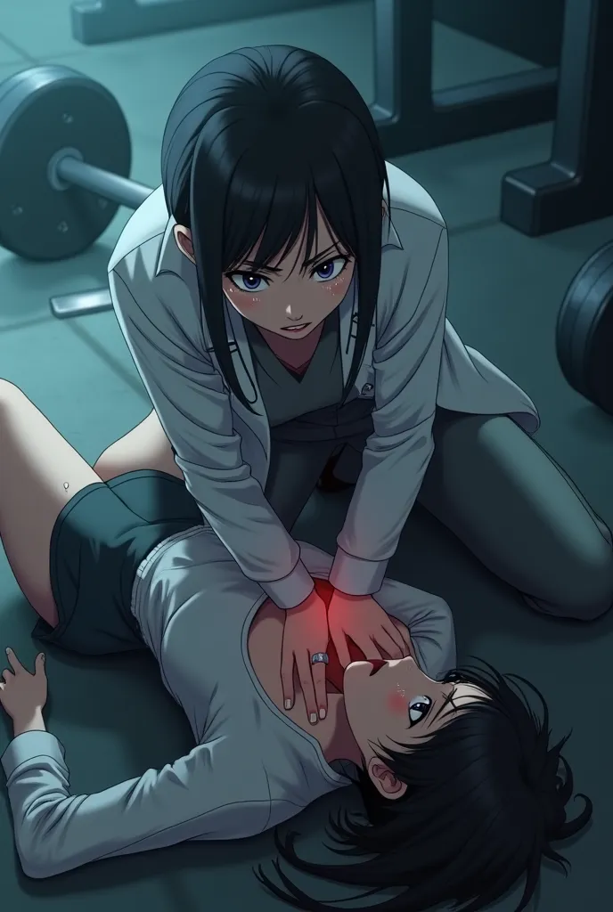 Create image of anime doctor performing CPR on girl, girl wearing tracksuit, panic,smoky and sweaty, di gym ,   viewed from above 