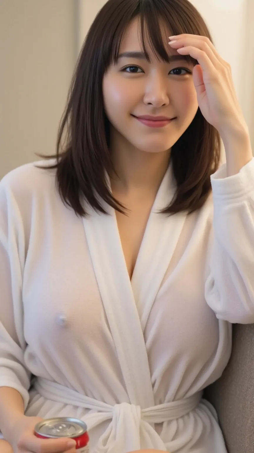 best quality, detailed, beautiful, insanely detailed, absurdres,perfect anatomy,
Japanese woman,black hair,27 years old,
(slender),
cheerful grin, sitting, half updo, (white bathrobe:1.1), (has a can of beer in hand:1.3),(cleavage:1.1), in the living room,...