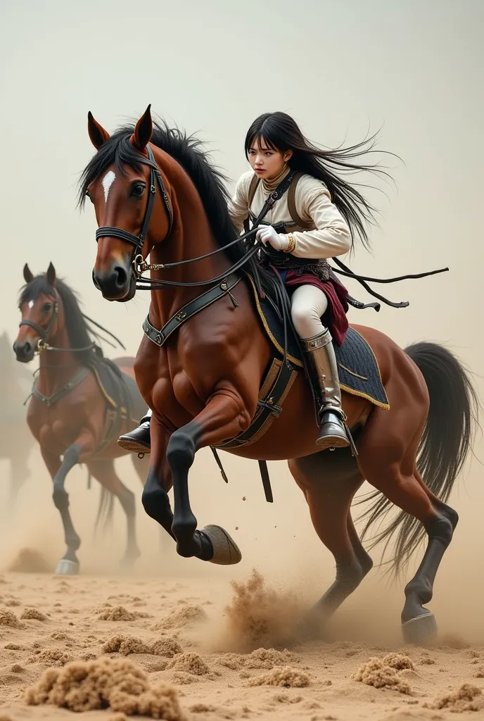 Punished Female Knight,A female knight's horse's body fits on soft ground,Soft ground collapses,A woman's horse falls and falls sideways,White sweat on the horse's body,the woman turns back and urges the horse's back leg with a short whip,hit,Blood,The hor...