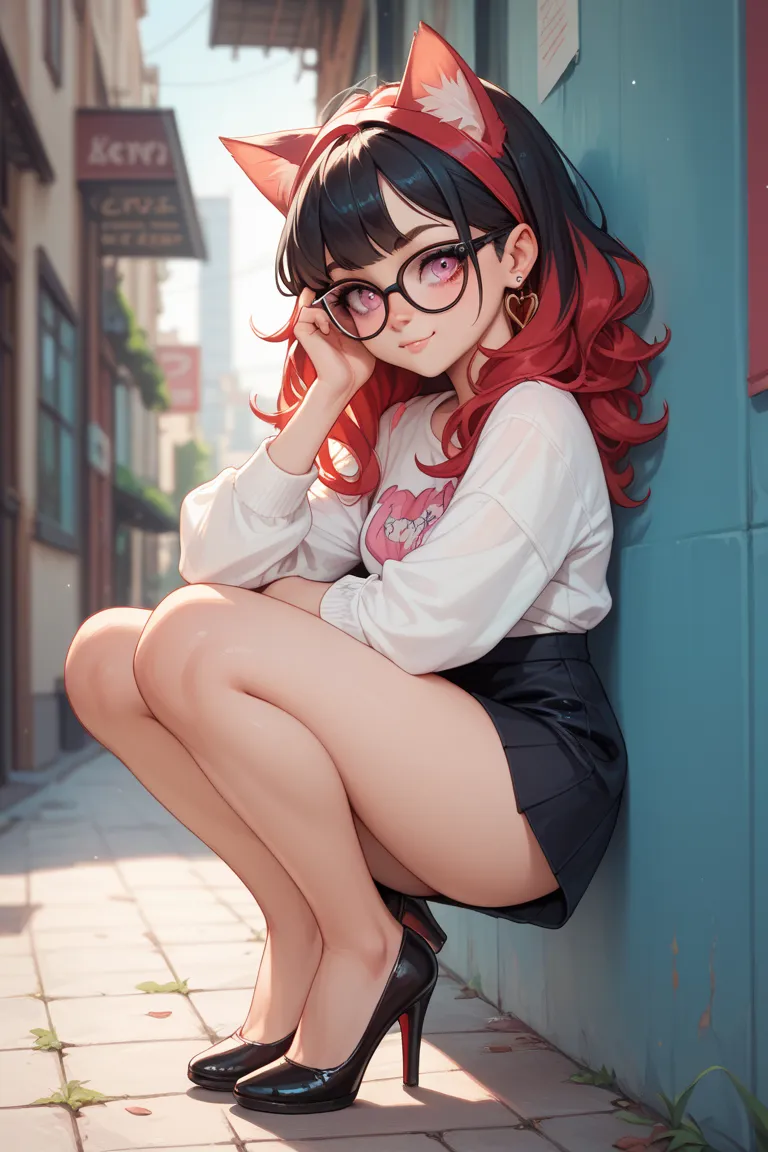 A nerdy Catgirl wearing glasses and cute cloths with pink eyes and long red hair with black highlights with black and high heels 