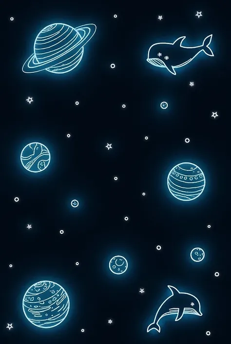 Generate a digital art image of a cosmic scene with stylized planets, a whale, and a dolphin. The background should be a deep, dark black filled with scattered white speckles to represent stars.

Render the planets, whale, and dolphin in a glowing, light b...