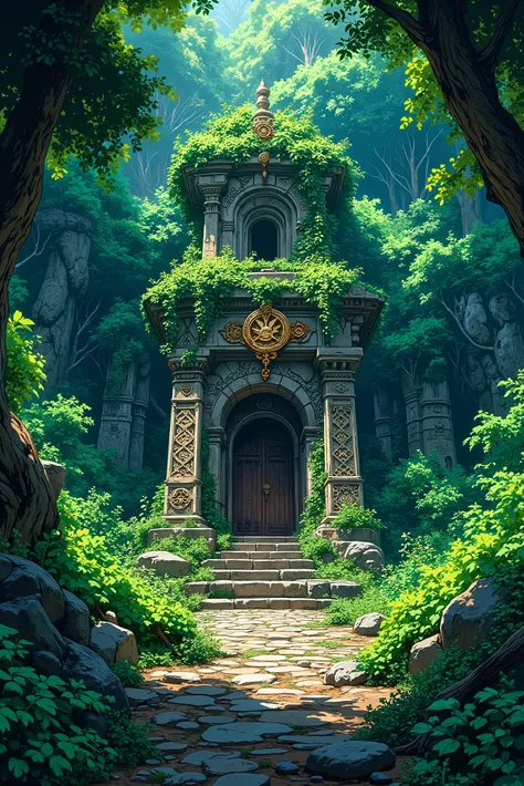 Stone Sanctuary. anime. Fantasy. Stone construction in the middle of the jungle. Archaic environment