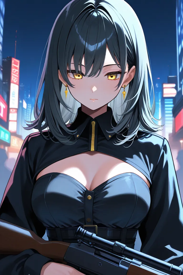 (black medium hair) , grey inner hair, tsurine, sexy, upper body bust shot,earring,asymmetry hair,yellow eyes, medium breasts, rifle,night city, hold a gun and take aim 