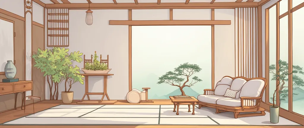 illustration in soft colors predominating , minimalism of a Japanese style living room with window to see the minimalist Japanese garden with bonsai trees, the stage evokes energy and elegance