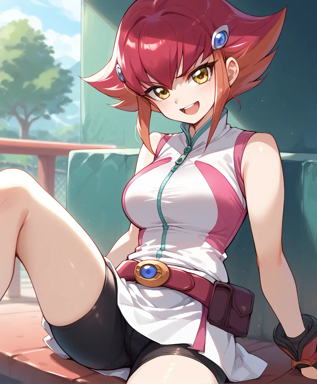 score_9,score_8_up,score_7_up,score_6_up,score_5_up,score_4_up,close-up,
1girl,solo,anna(yugioh),shorts,sleeveless,belt,black shorts,bike shorts,zipper,white skirt,
sitting,spread legs,smile,open mouth,v-shaped eyebrows,