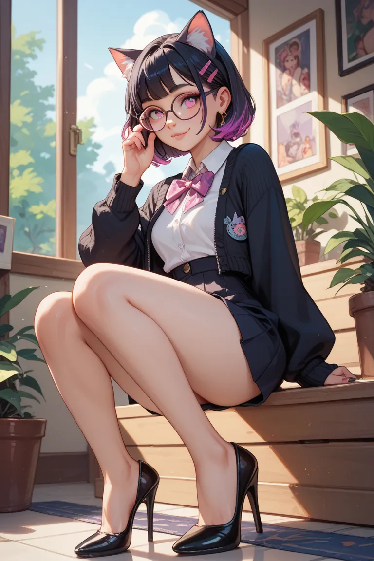 A nerdy Catgirl wearing glasses and cute cloths with pink eyes and long black hair with purple highlights with black high heels 