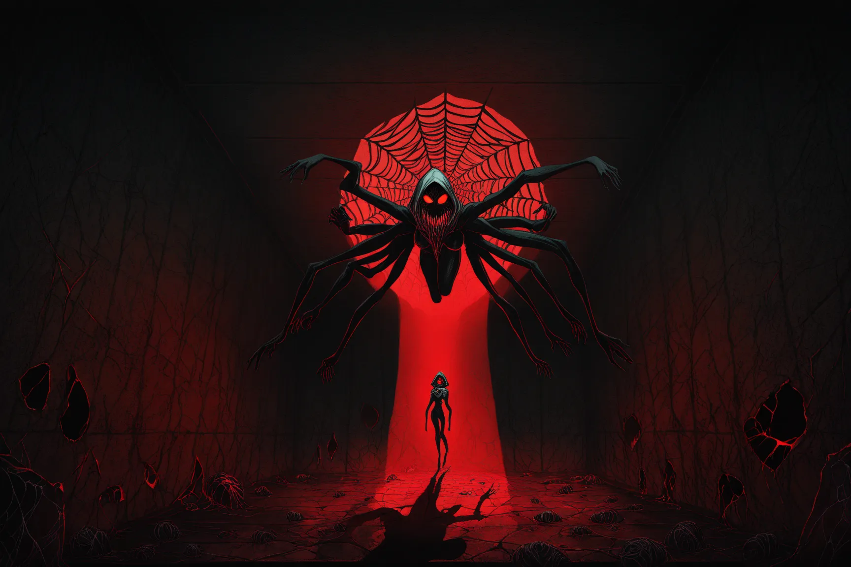 An anime horror scene of a spider woman demon in a dark, creepy dungeon basement. The spider woman has mottled red and black skin, patches of dark fur covering her nudity, unnaturally large glowing eyes, and razor-sharp teeth. She has six arms, each moving...