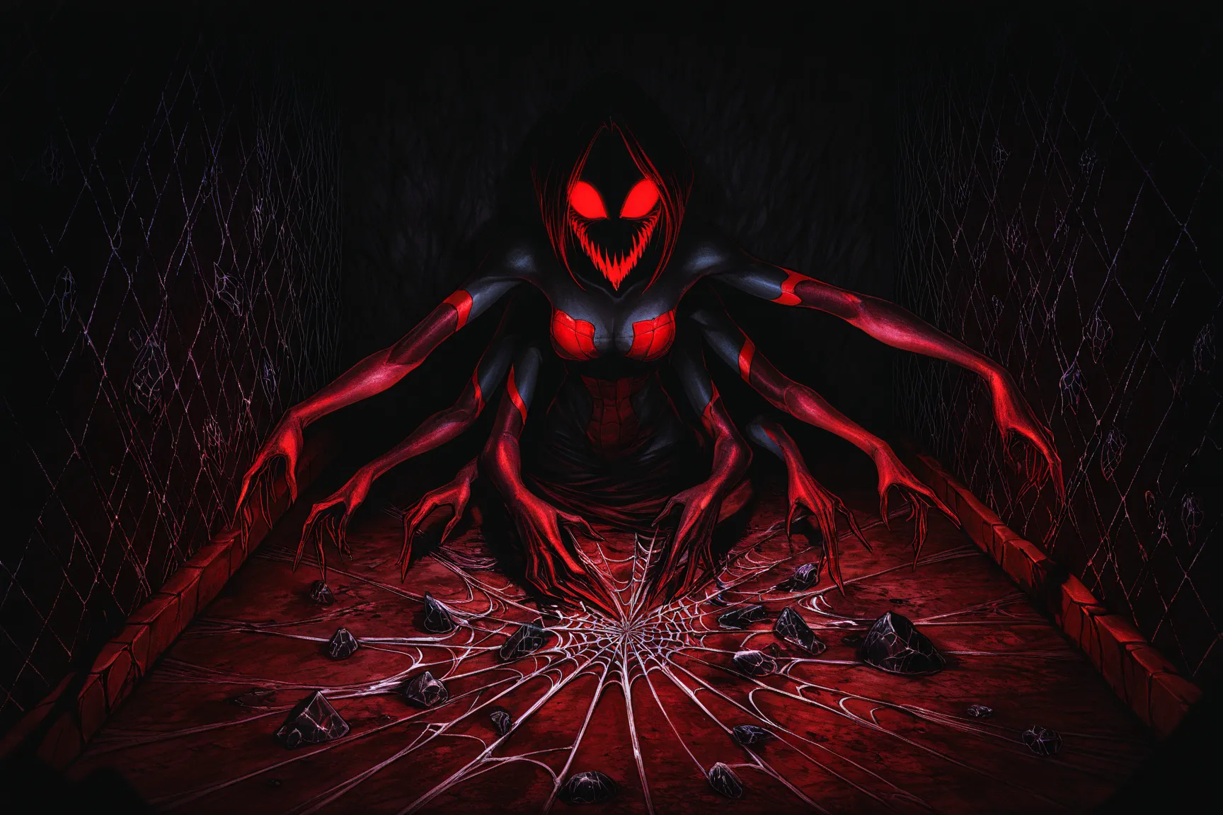 An anime horror scene of a spider woman demon in a dark, creepy dungeon basement. The spider woman has mottled red and black skin, patches of dark fur covering her nudity, unnaturally large glowing eyes, and razor-sharp teeth. She has six arms, each moving...