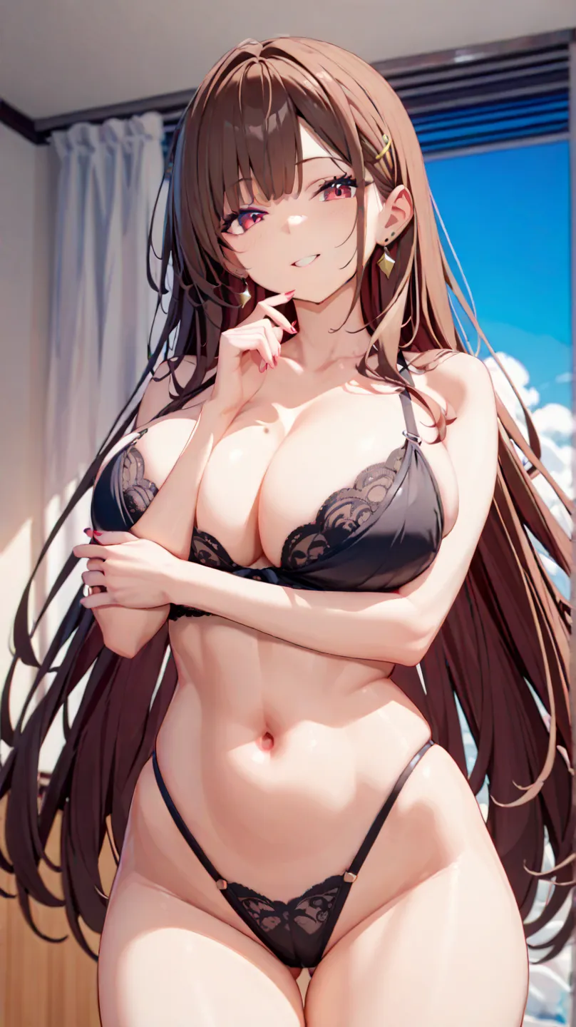 （masterpiece、highest quality、very detailed、8K wallpaper、real）、1 girl、slender on the background、 popup、big breasts、 plump breasts、straight hair、Brown hair、long hair、deep black lace patternブラジャー、deep black lace patternＴback、Bra andＴbackのみ、 glowing skin、 Faci...