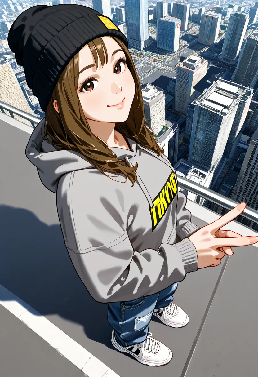 adult woman, Gold:1.3,long hair,baggy  denim pants:1.3,oversized grey hoodie,sneaker,black Beanie, Tokyo ,city,from above,face focus,smile,peace sign