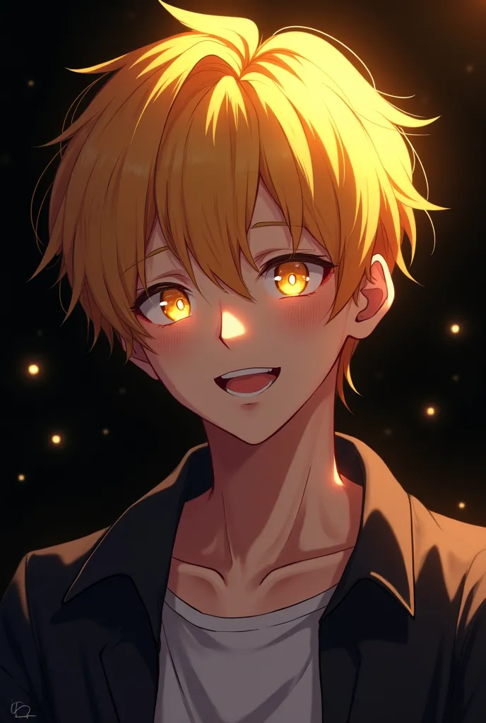 black backround and anime boy and hair is yellow and eye is yellow lighting and smile is very beautiful 