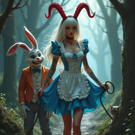 
Sexy tattoed Alice in Wonderland, long white hair and red horns, with erotic short blue dress and a white apron, holding whip, The Easter Bunny wearing a vest, and smiled cat 