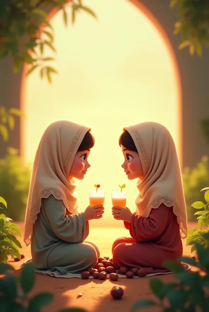 Little baby girls wearing hijaab sitting on earth in ramdan eating dates and juice