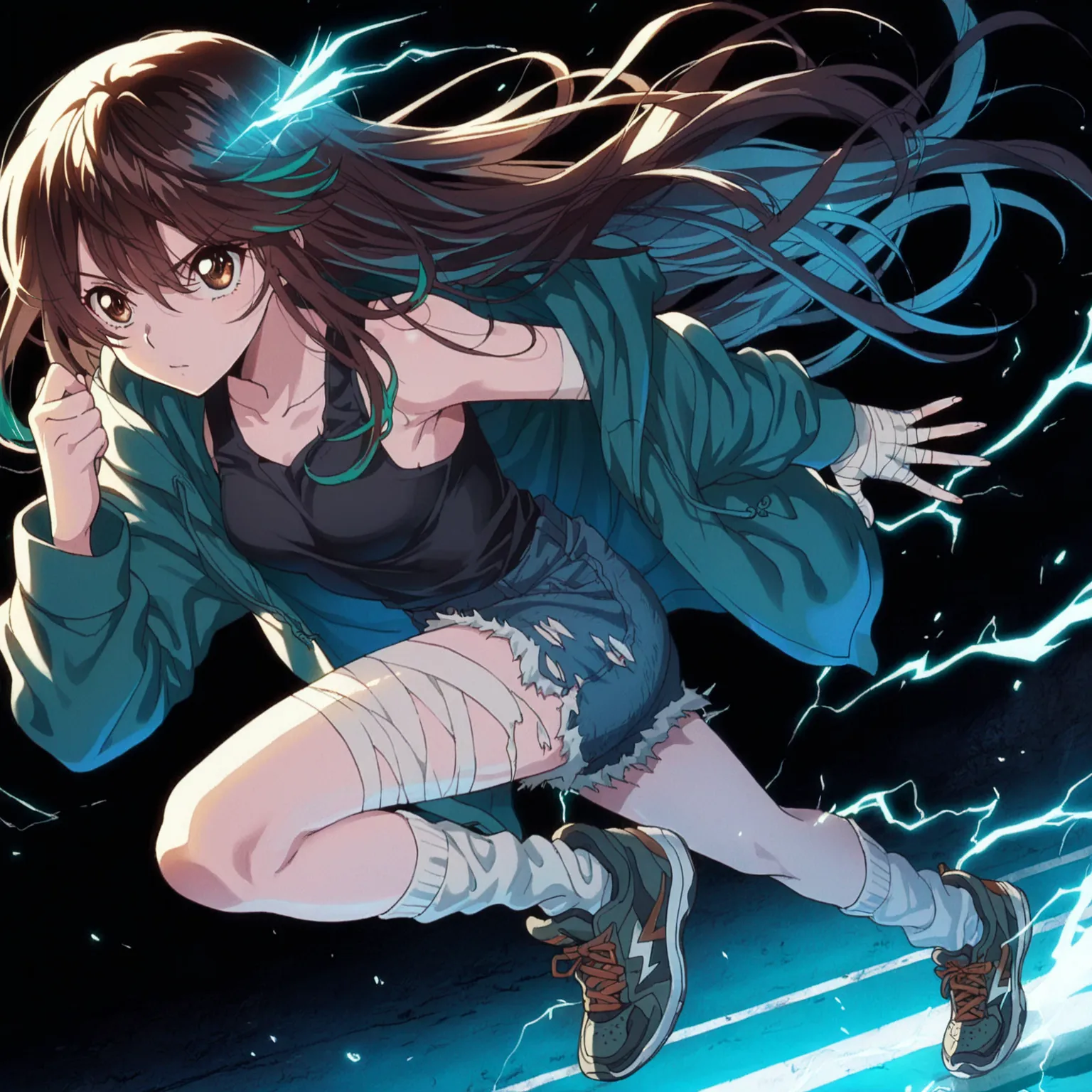  Masterpiece, best quality, amazing quality, sprinting girl, brown eyes, brown hair with teal highlights, very long hair, swept bangs, bandaged hands, teal hoodie over black tank top, ripped jean shorts, loose socks, sneakers, lightning aura, hand on groun...