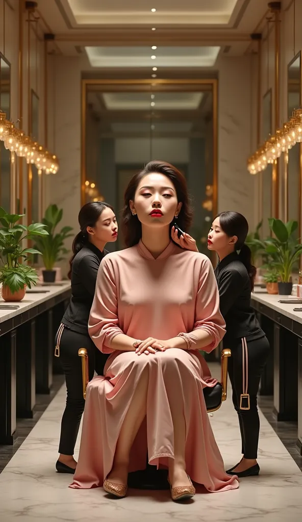 Miniature Salon Crew Applying Red Lipstick and makeup to a Giant asian Woman’s Lips and face, giant sitting on chair

A high-end, modern salon with sleek marble countertops, golden-framed mirrors, and soft ambient lighting. Lush indoor plants add a fresh, ...