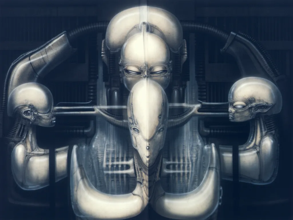 Please reproduce the original image as accurately as possible, capturing the intricate details of the biomechanical structures, the dramatic lighting, and the overall sense of unease. Find and enhance depiction of Giger's demons and creatures.(best quality...