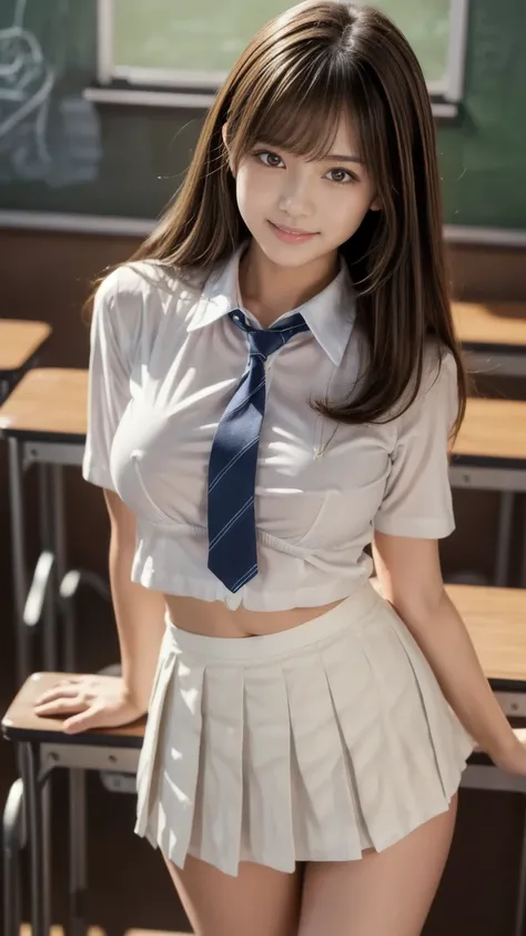 masterpiece,Product quality, 1 Young and Beautiful Japanese Woman ,Pin-up model,smile,Medium build,(well-proportion:1.3),schoolgirl。
 front view,(Cowboy shot),(Composition with emphasis on thighs:1.4),( photographed from below:1.4)。
 orbital space,(High Sc...