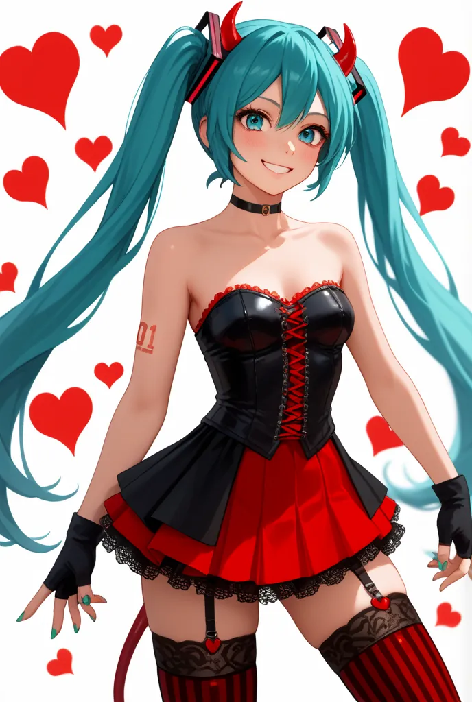 (best quality),(masterpiece),(8k),(high resolution), detailed hair, detailed clothes , Alone , woman , Hatsune Miku ,  turquoise hair  , twin tails , smile ,  create a perfect body line  , Hot body , red 01 tattoo on one upper arm ,  exact finger , Light e...