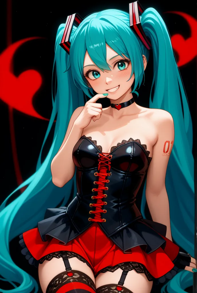 (best quality),(masterpiece),(8k),(high resolution), detailed hair, detailed clothes , Alone , woman , Hatsune Miku ,  turquoise hair  , twin tails , smile ,  create a perfect body line  , Hot body , red 01 tattoo on one upper arm ,  exact finger , Light e...