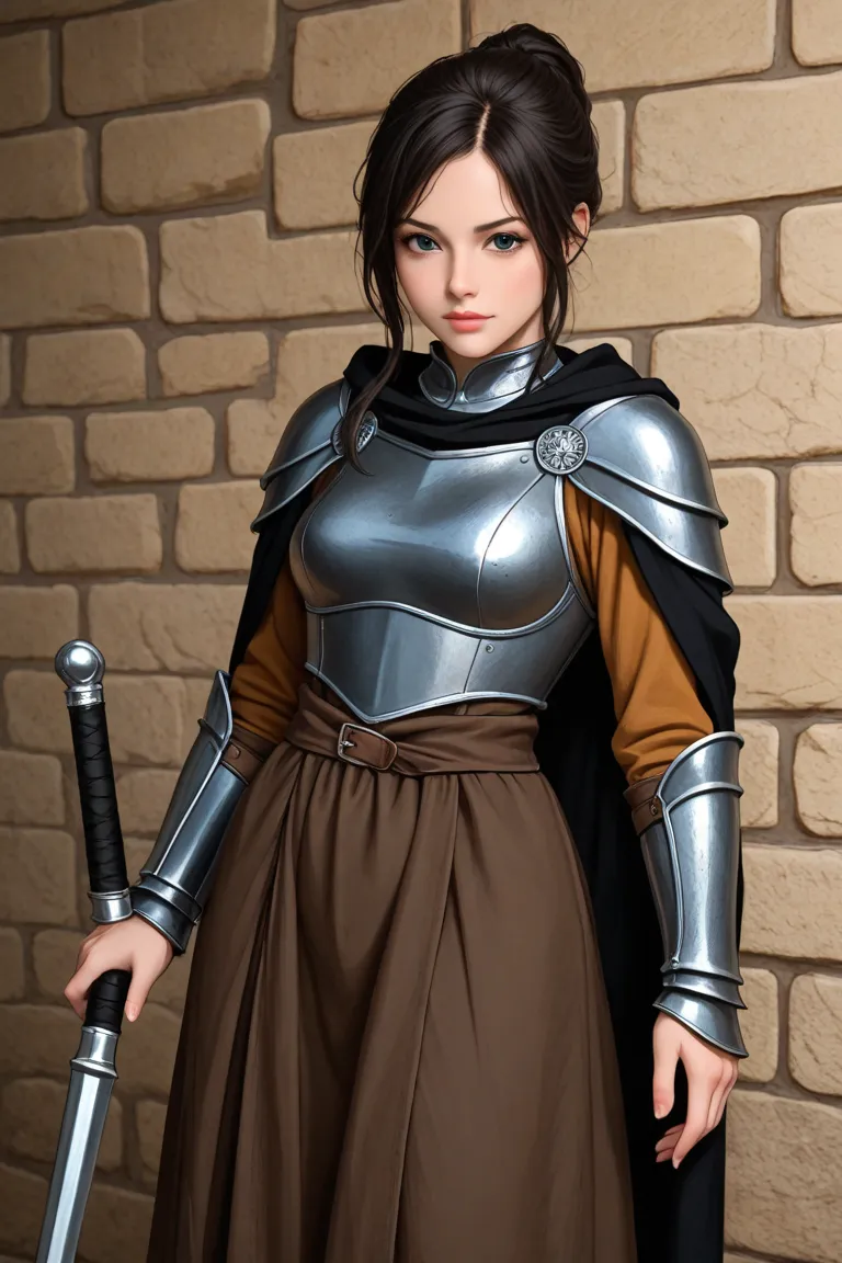  Black-haired brunette woman , medieval blue armor with a black club in the hand