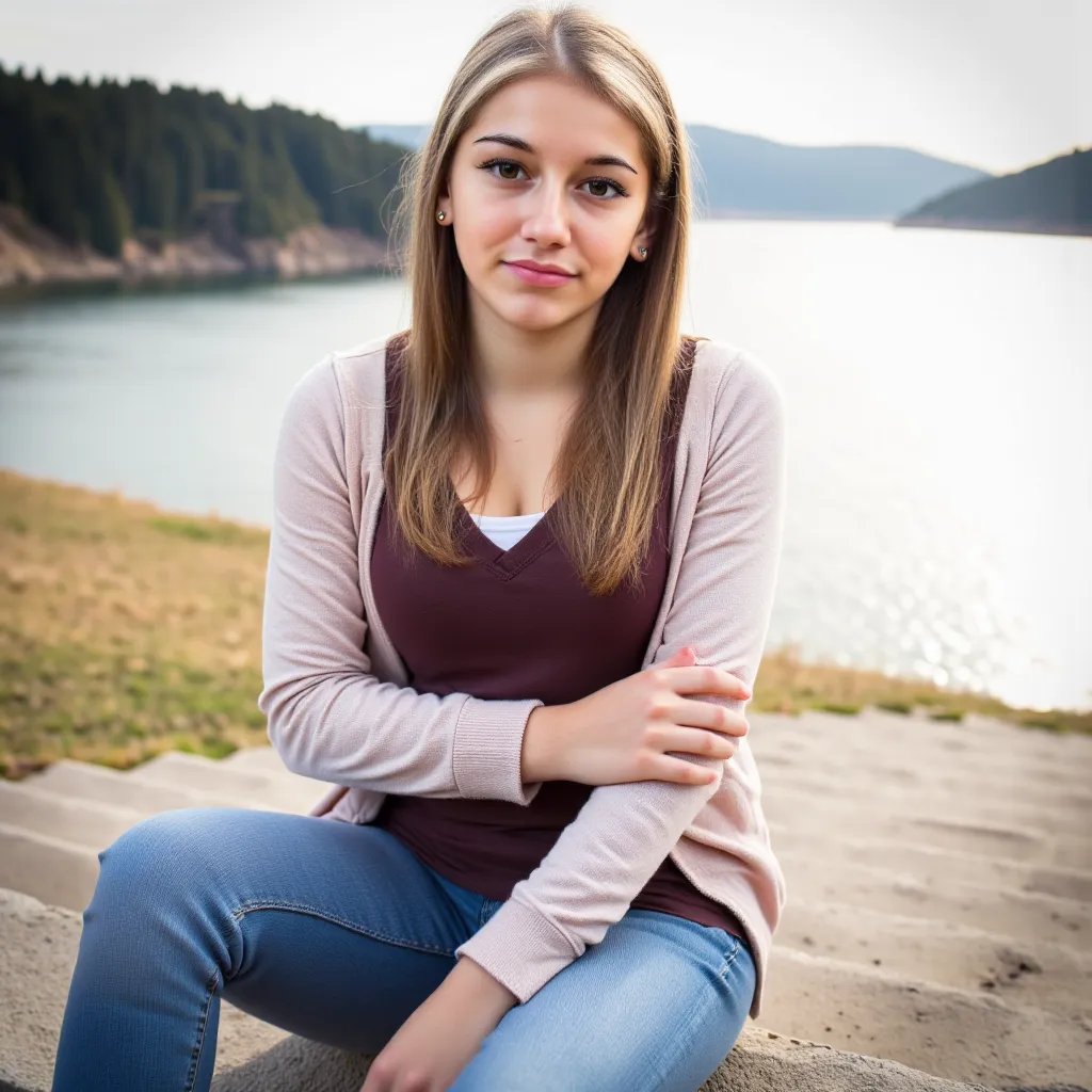 woman sitting on stairs. Hat ein rosanes shirt an.a pair of jeans and sneakers . , 